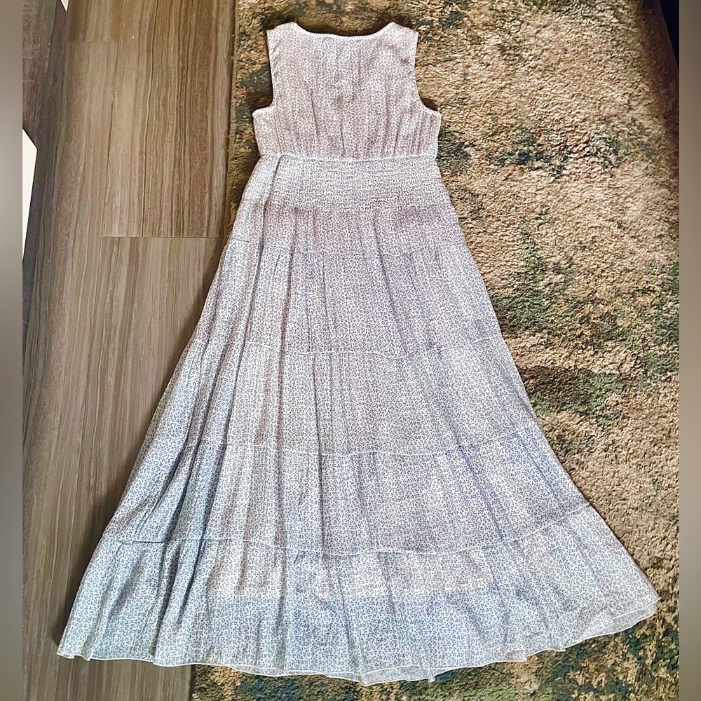 Vintage White Blue Sleeveless Maxi Dress smoked tired v-neck size medium - Picture 10 of 12
